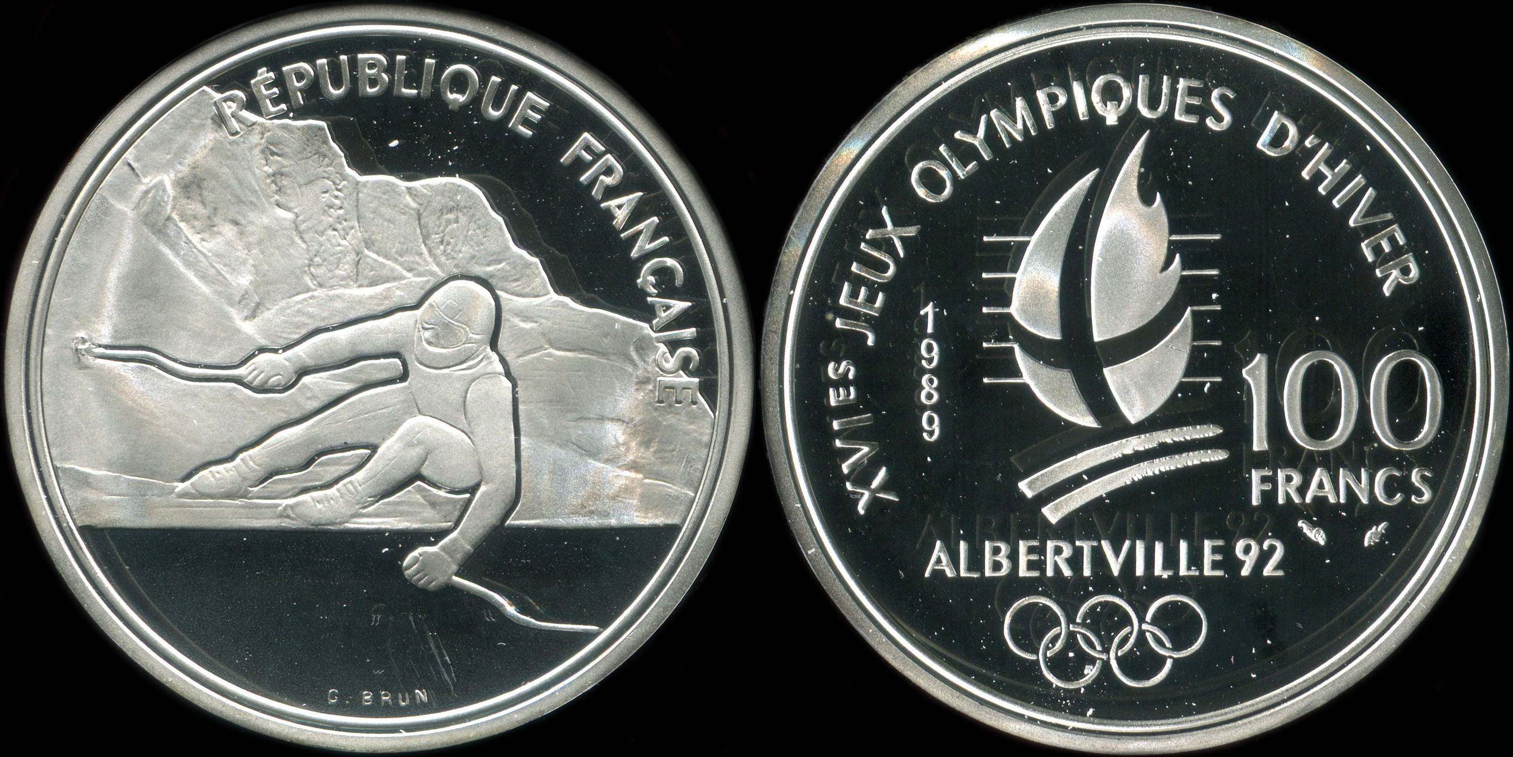 Pièce de 100 francs 1989 - Albertville 92 - Ski Alpin - Descente devant le Mont-Blanc