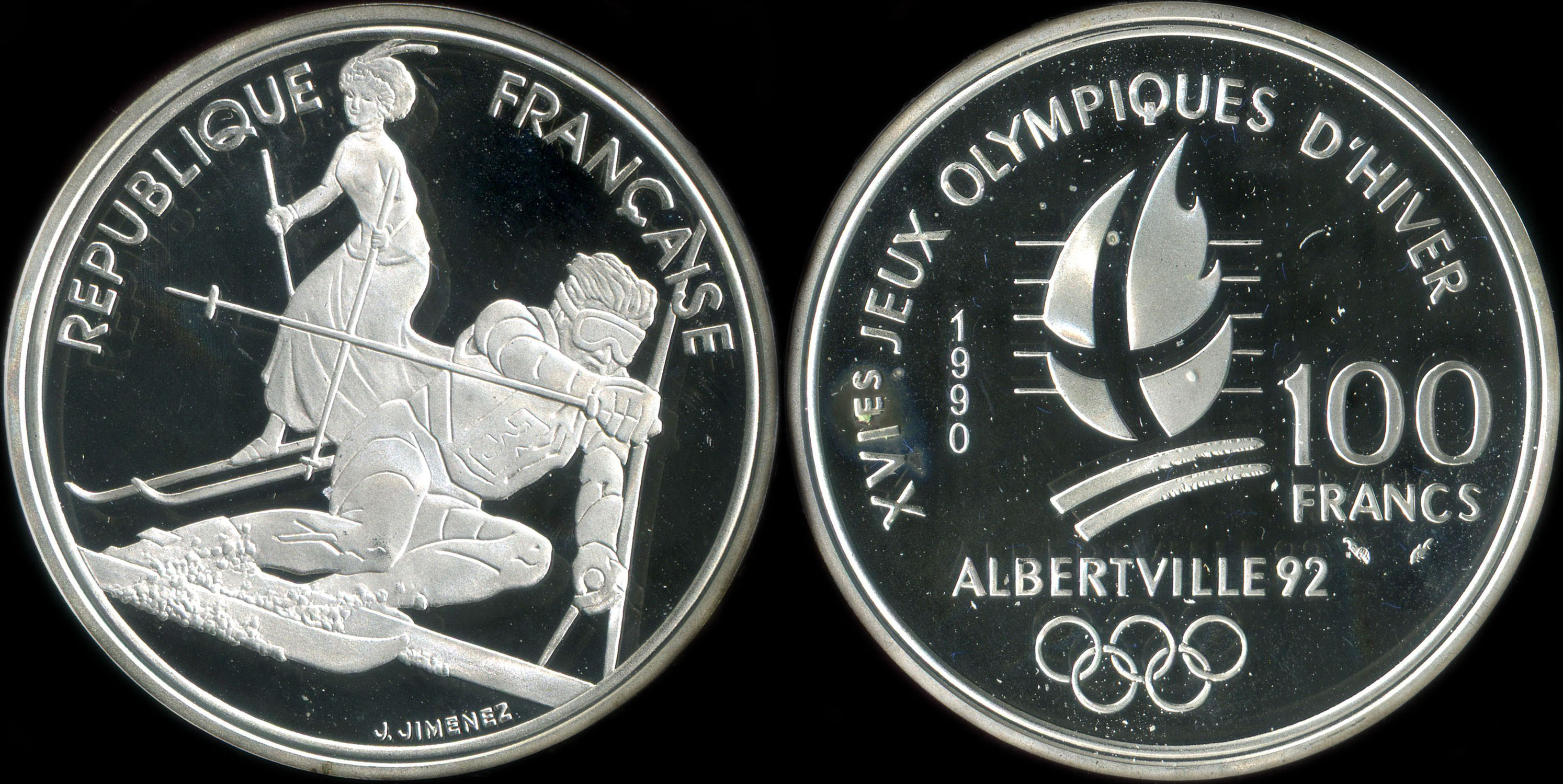 Pièce de 100 francs 1990 - XVIes Jeux Olympiques d'Hiver - Albertville 92 - Slalom Moderne et Belle Epoque
