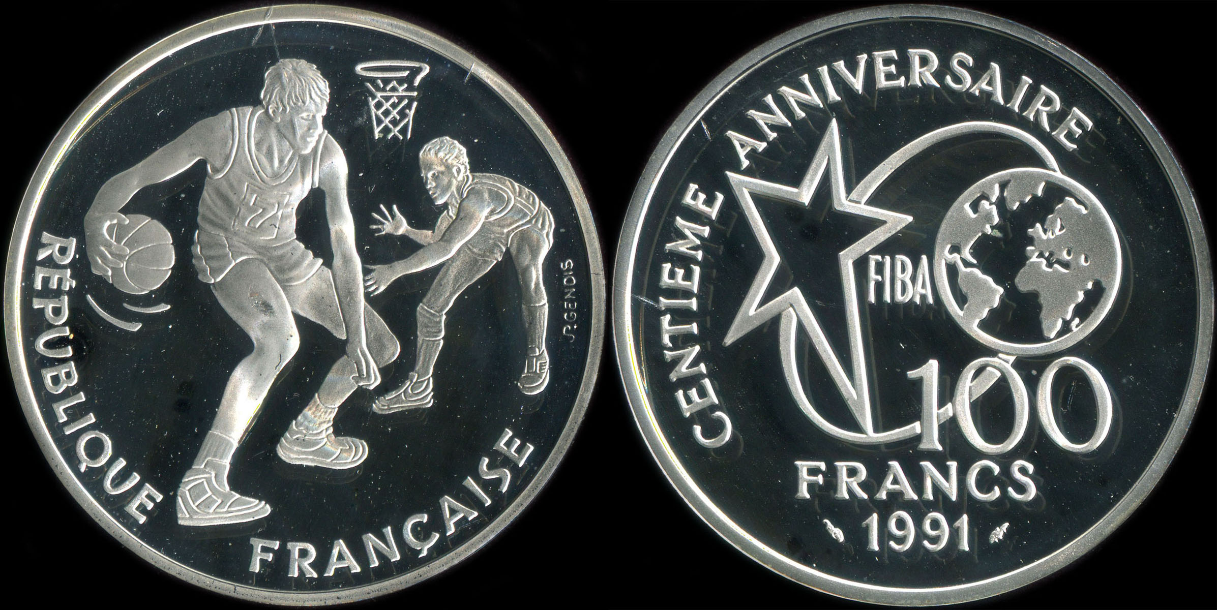Pièce de 100 francs 1991 - Centenaire du Basket-Ball 1891-1991 - Fiba - Dribbleur