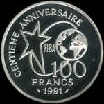 Pièce de 100 francs 1991 - Centenaire du Basket-Ball 1891-1991 - Fiba - Lancer franc - revers