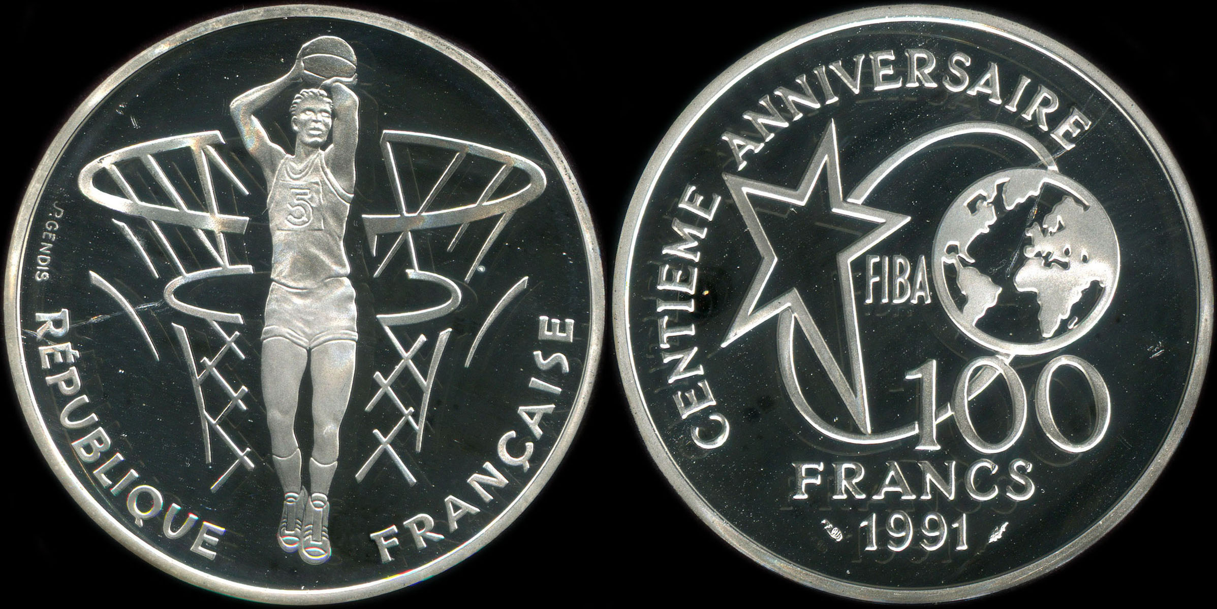 Pièce de 100 francs 1991 - Centenaire du Basket-Ball 1891-1991 - Fiba - Lancer franc