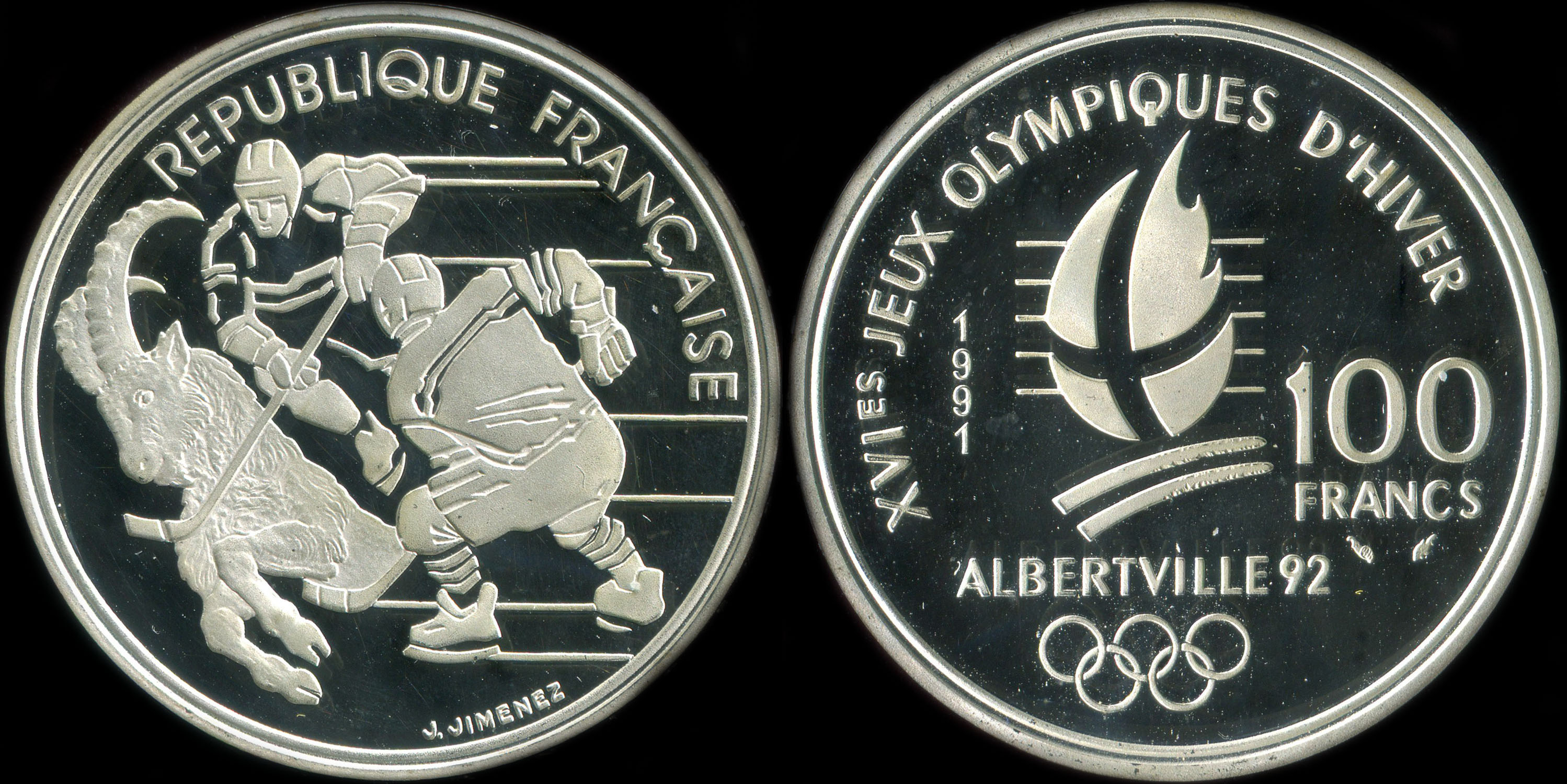 Pièce de 100 francs 1991 - XVIes Jeux Olympiques d'Hiver - Albertville 92 - Hockey sur Glace - Bouquetin