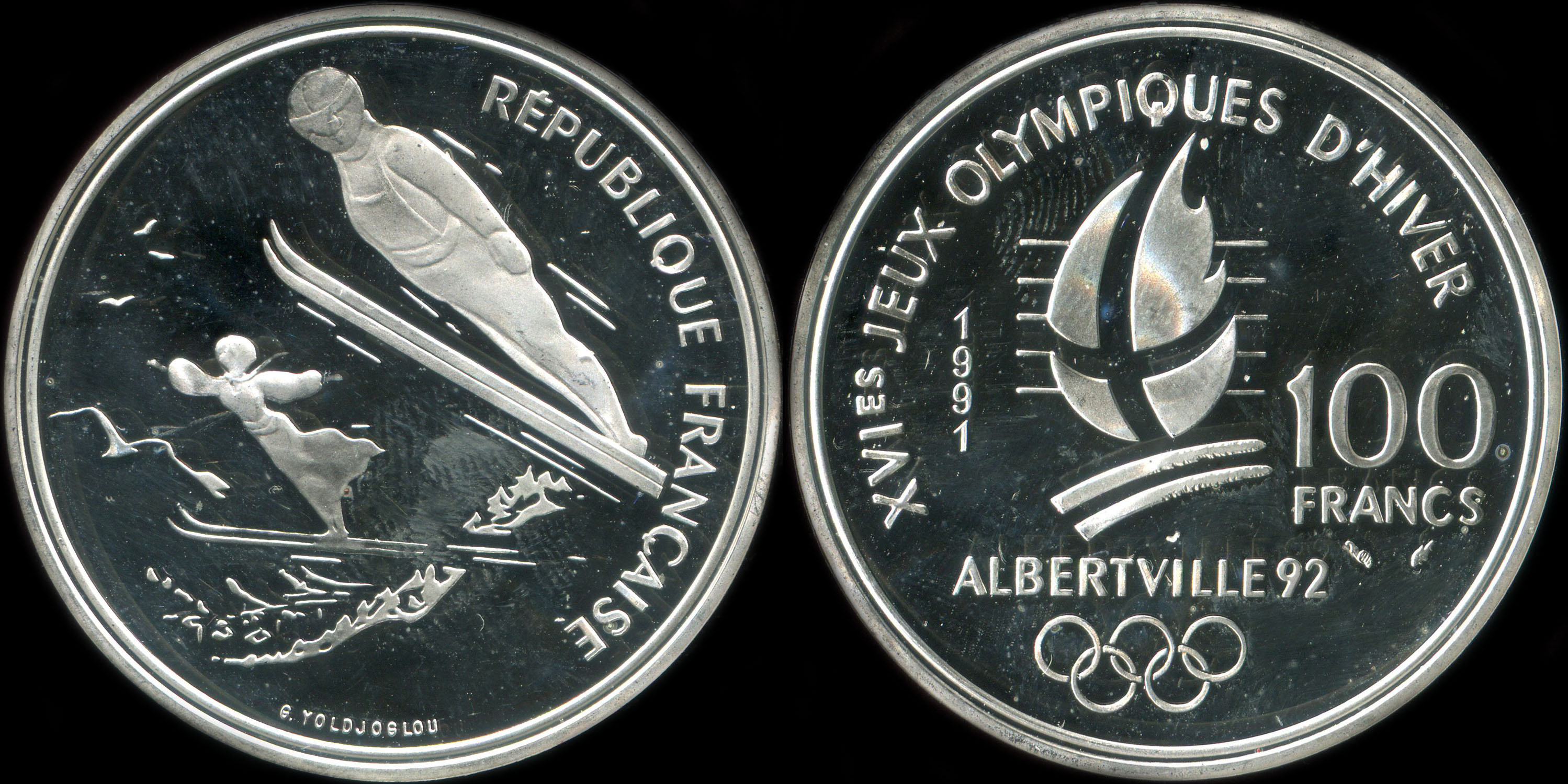 Pièce de 100 francs 1991 - XVIes Jeux Olympiques d'Hiver - Albertville 92 - Saut à Ski - Belle Epoque