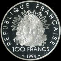 Pièce de 100 francs 1994 - Centenaire du rétablissement de l'Olympisme - Lancer de javelot - revers