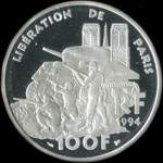 Pièce de 100 francs 1994 - La Liberté retrouvée - Libération de Paris - Descente des Champs-Elysées - revers