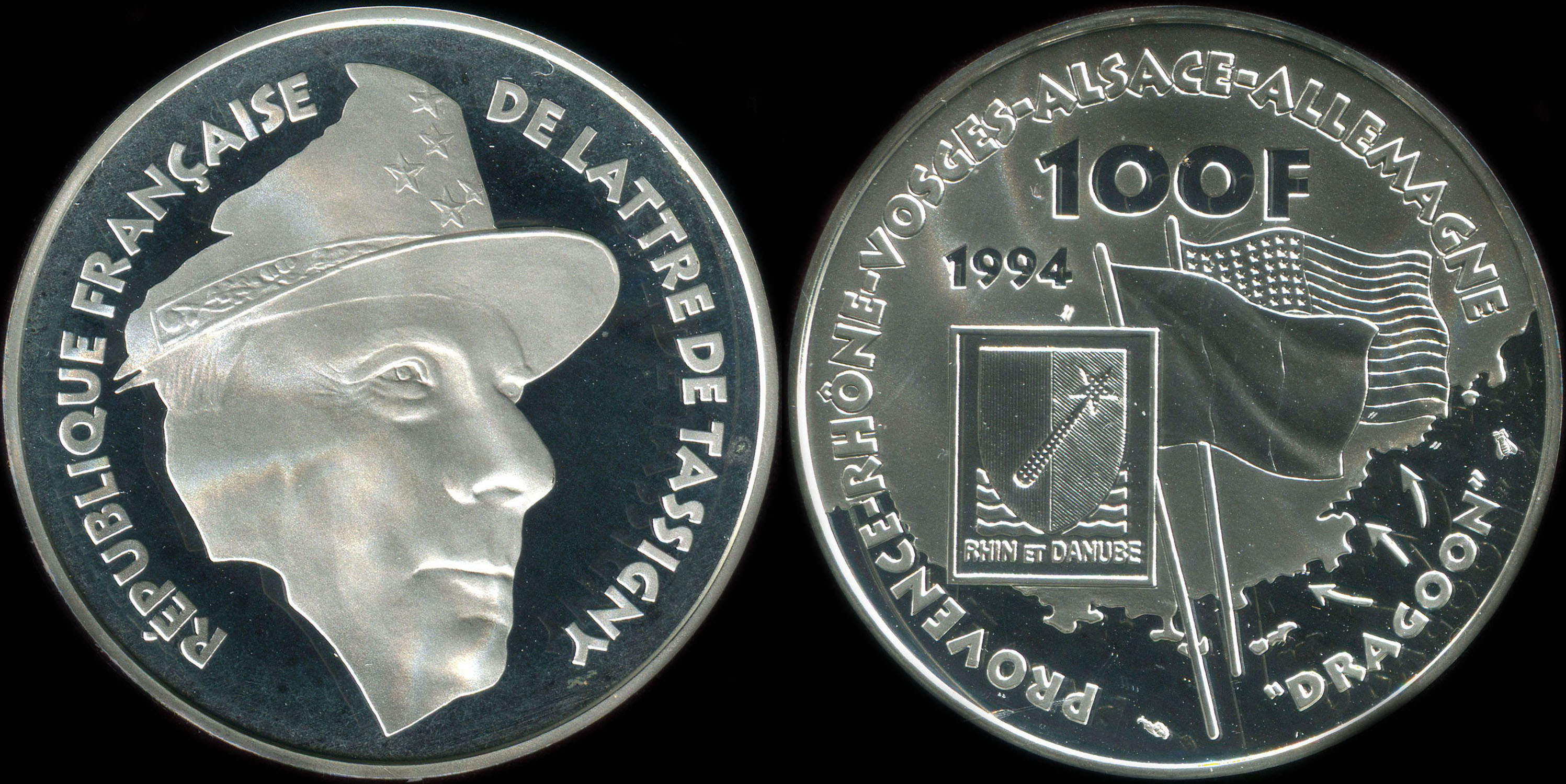 Pièce de 100 francs 1994 - La Liberté retrouvée - De Lattre de Tassigny - Débarquement de Provence