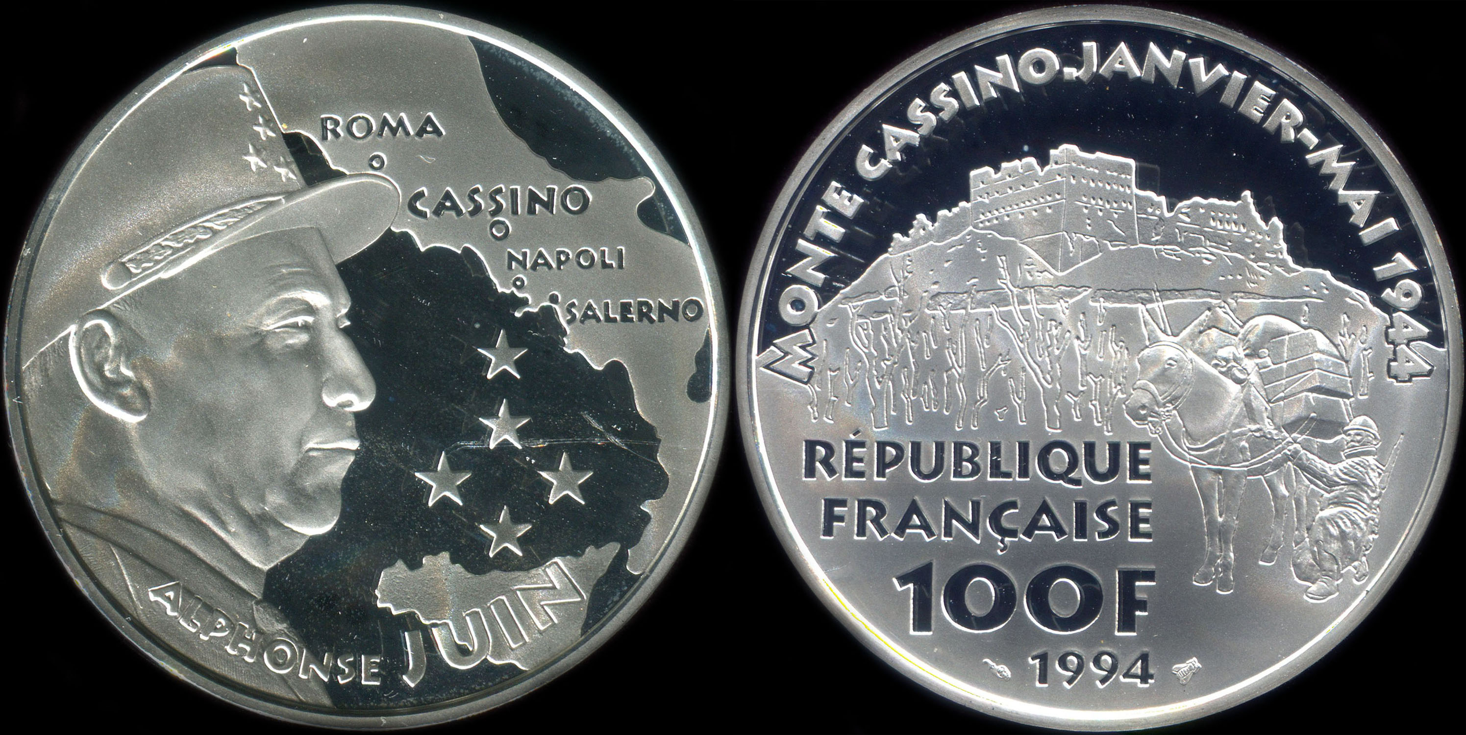 Pièce de 100 francs 1994 - La Liberté retrouvée - Maréchal Juin - Monte Cassino - Janvier-Mai 1944