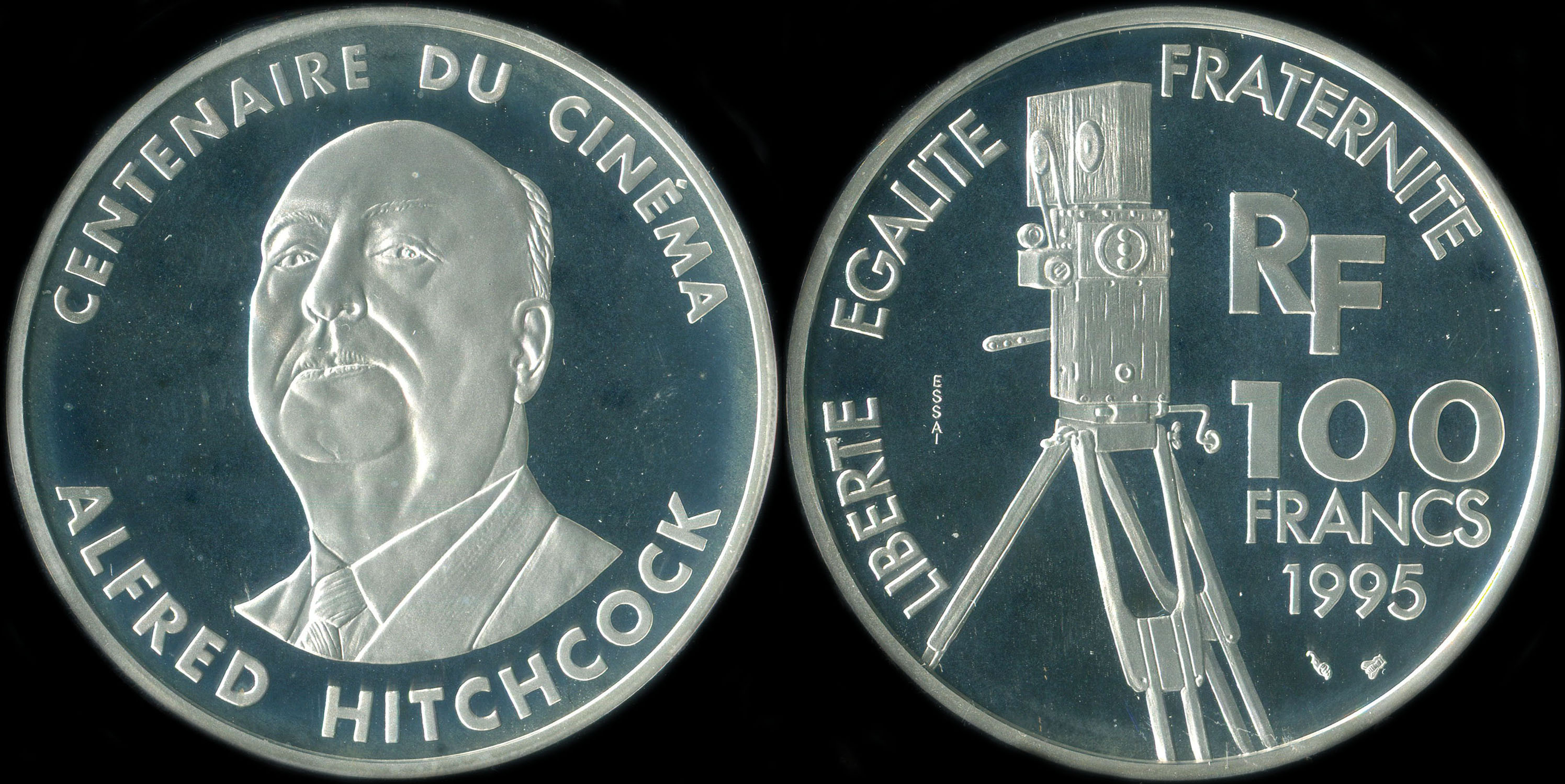 Pi�ce de 100 francs 1995 - Centenaire du Cin�ma - Alfred Hitchcock