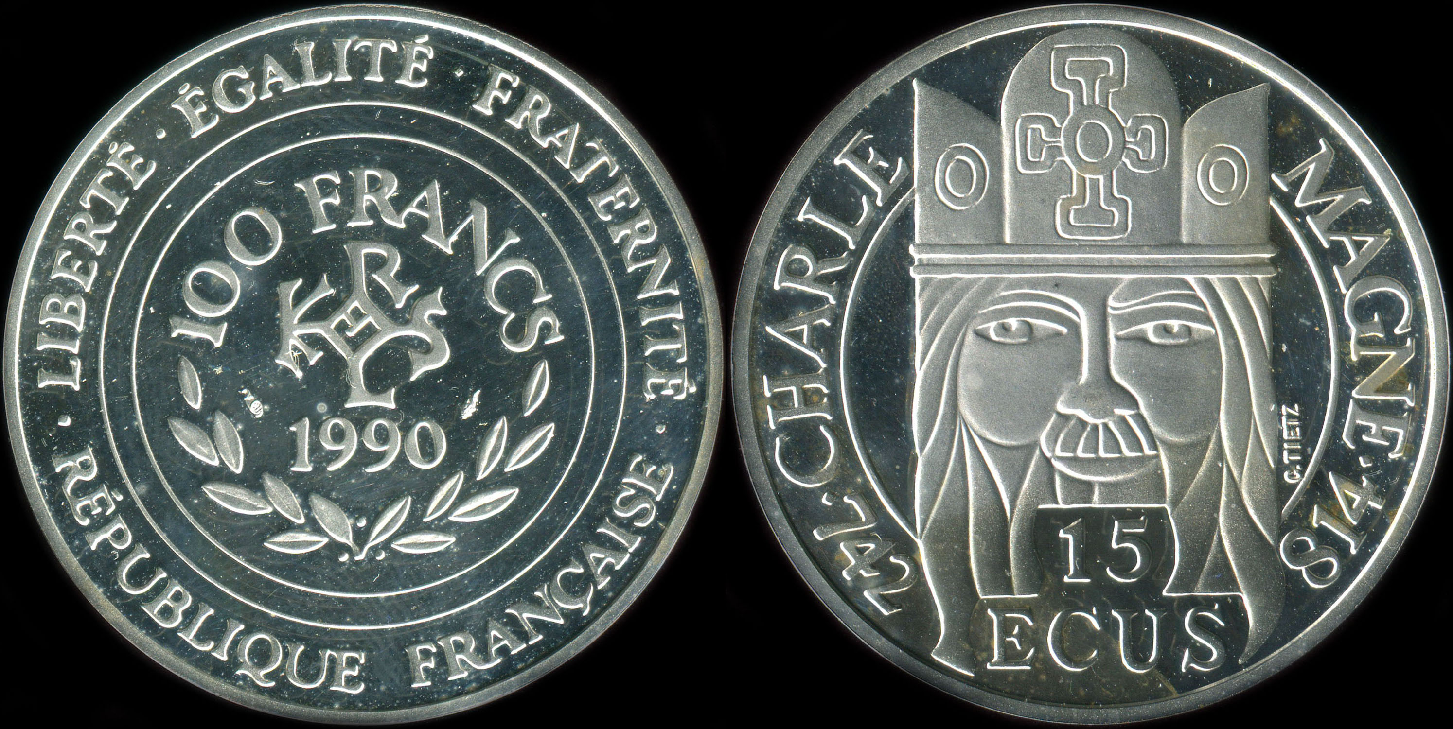 Pièce de 100 francs - 15 ecus 1990 - Charlemagne 742-814