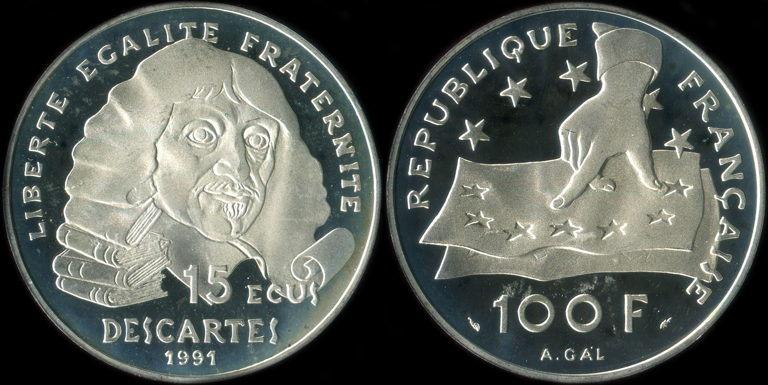 Pice de 100 francs - 15 ecus 1991 - Ren Descartes 1596-1650