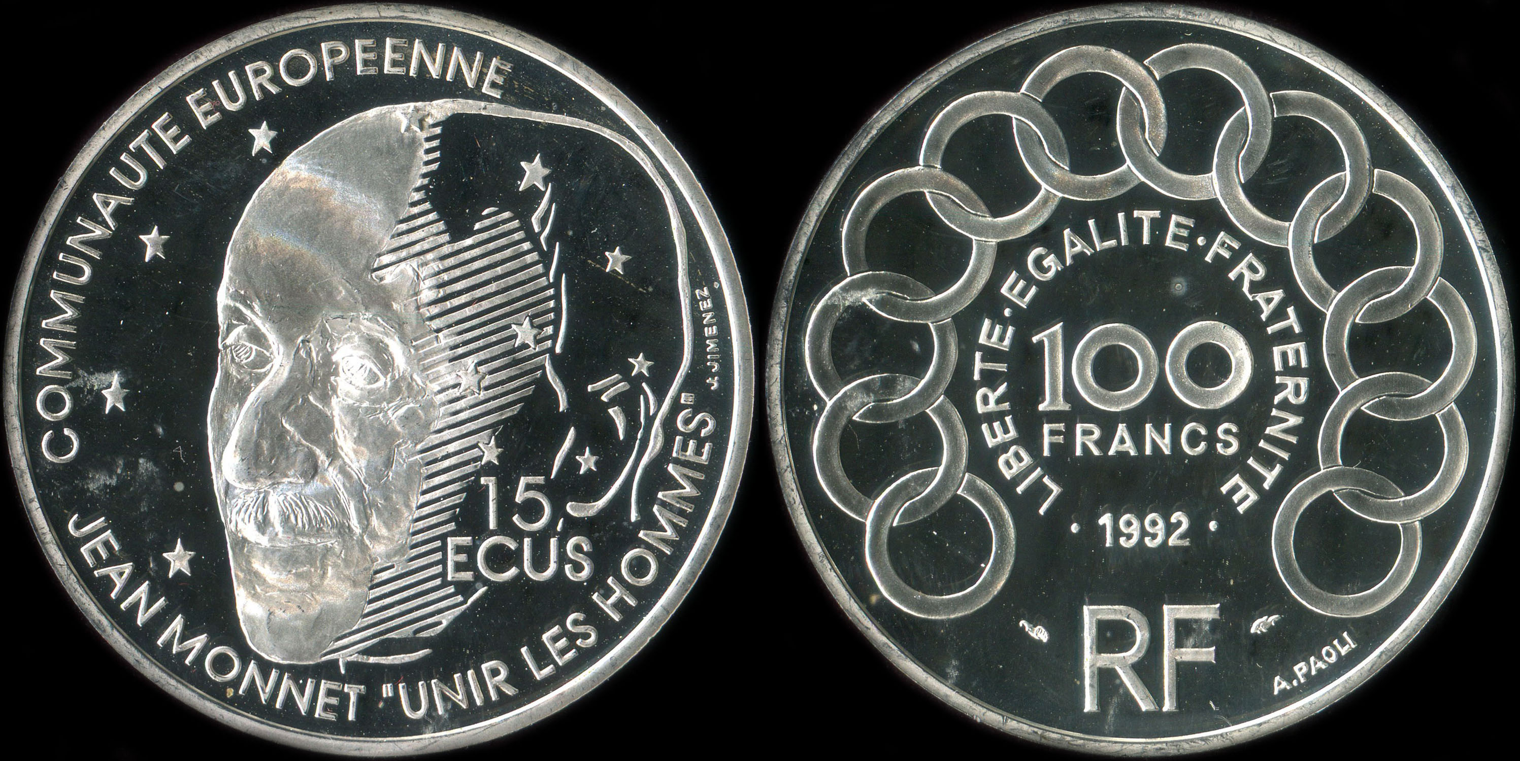 Pice de 100 francs - 15 ecus 1992 - Jean Monnet 1888-1979