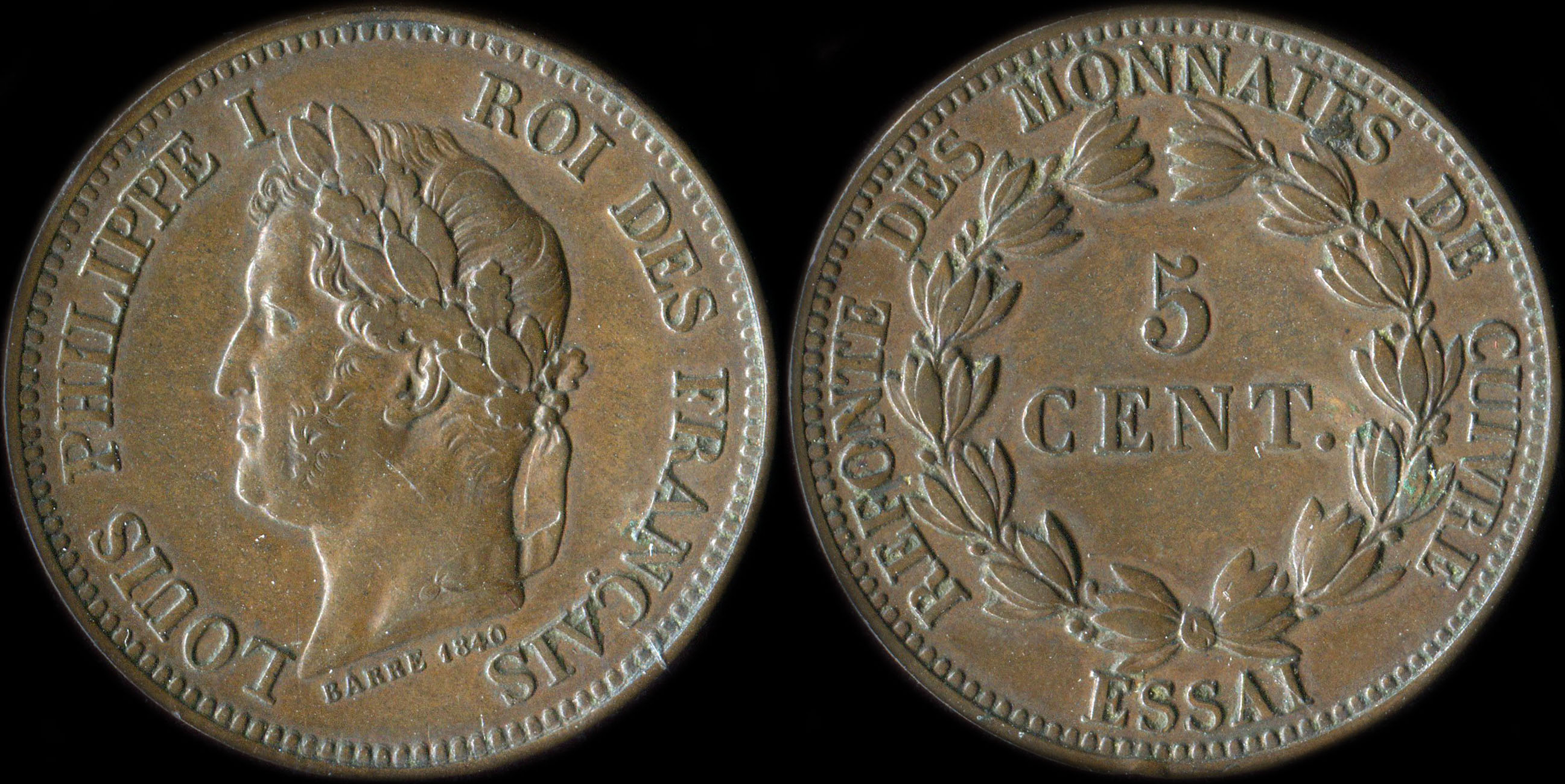 Pièce d'essai Louis Philippe I - Roi des français - Refonte des monnaies de cuivre -  5 cent. 1840 - Cuivre - 7,40 grammes - 27,5 mm - tranche lisse - graveur: Barre