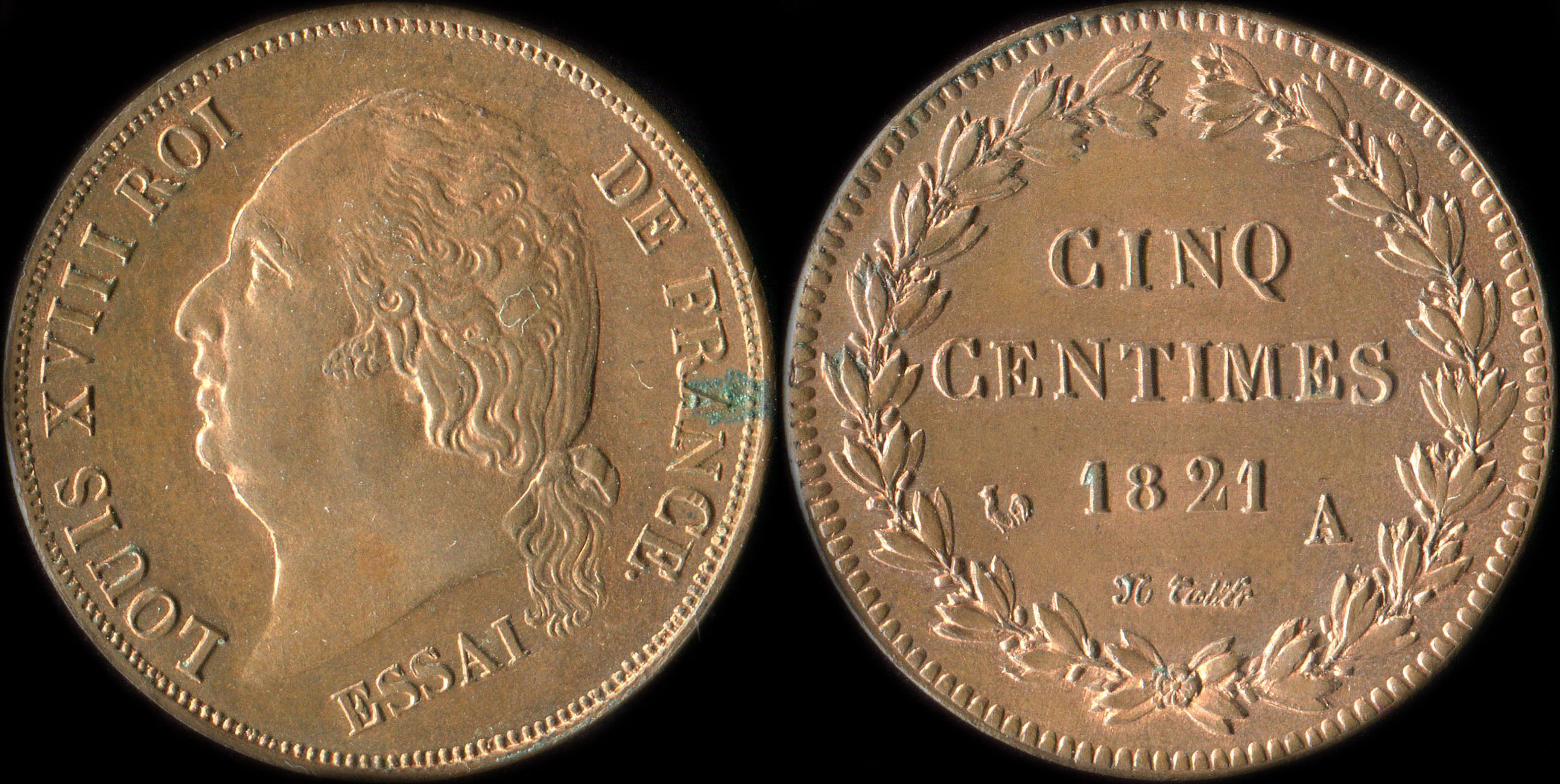Pice d'essai 5 centimes Louis XVIII - Roi de France - 1821A - Cuivre - 8,56 grammes - 27,0 mm - tranche lisse - graveur: Tiolier