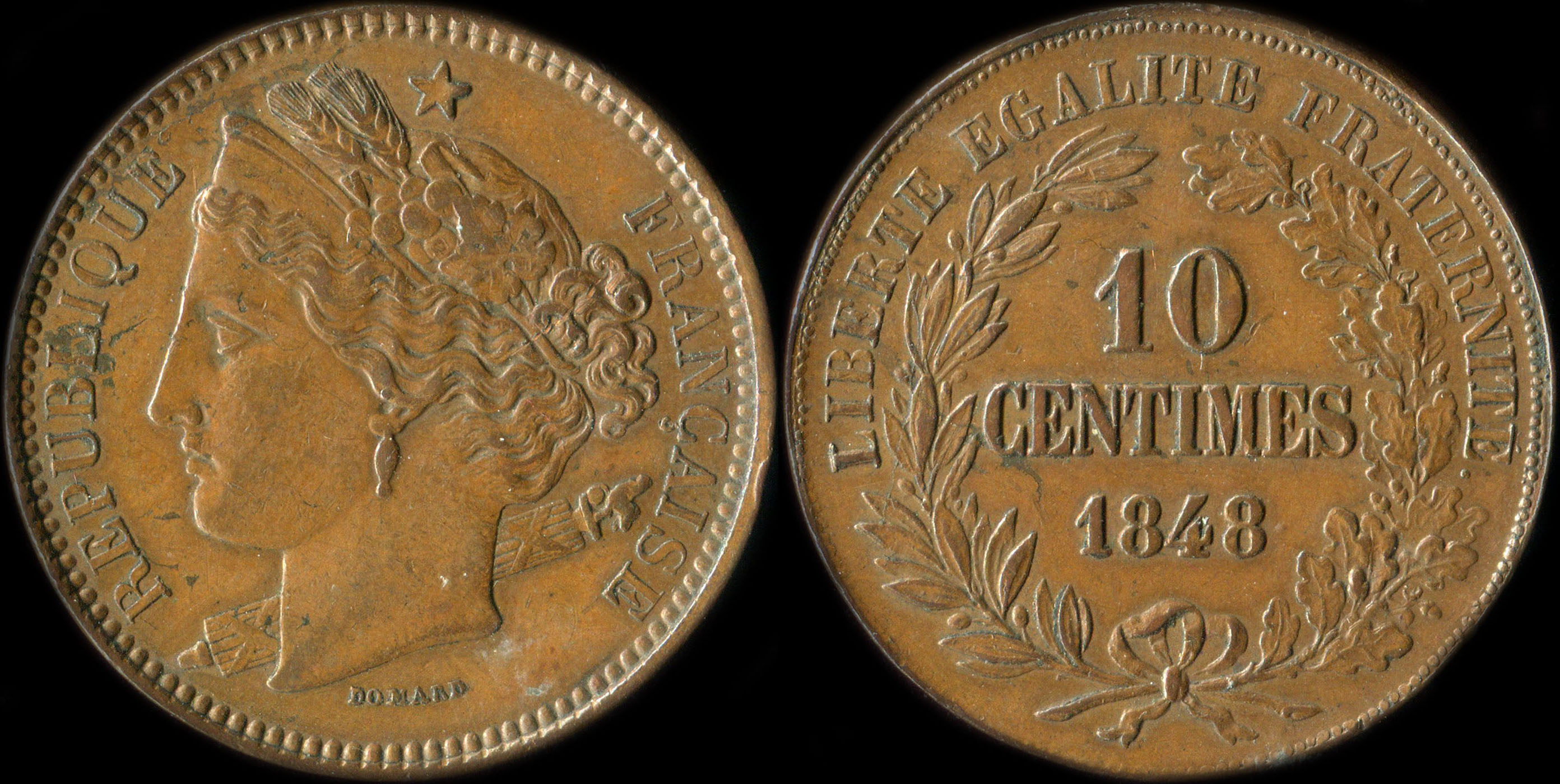 Pièce de 10 centimes 1848 - Concours de Domard modifié - cuivre type de revers A