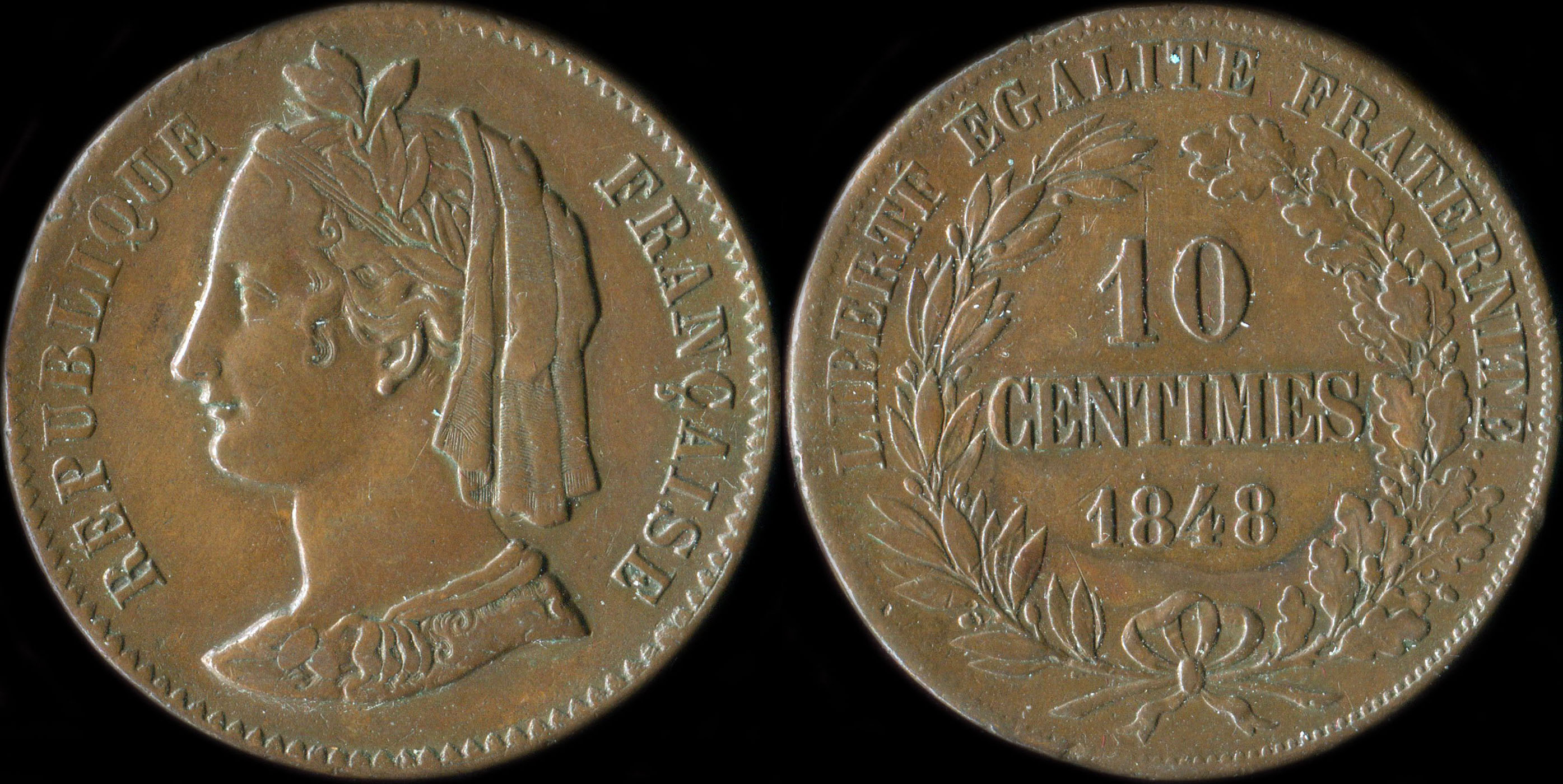 Pièce de 10 centimes 1848 - 3ème Concours de Rogat - cuivre - type de revers A - signature à gauche