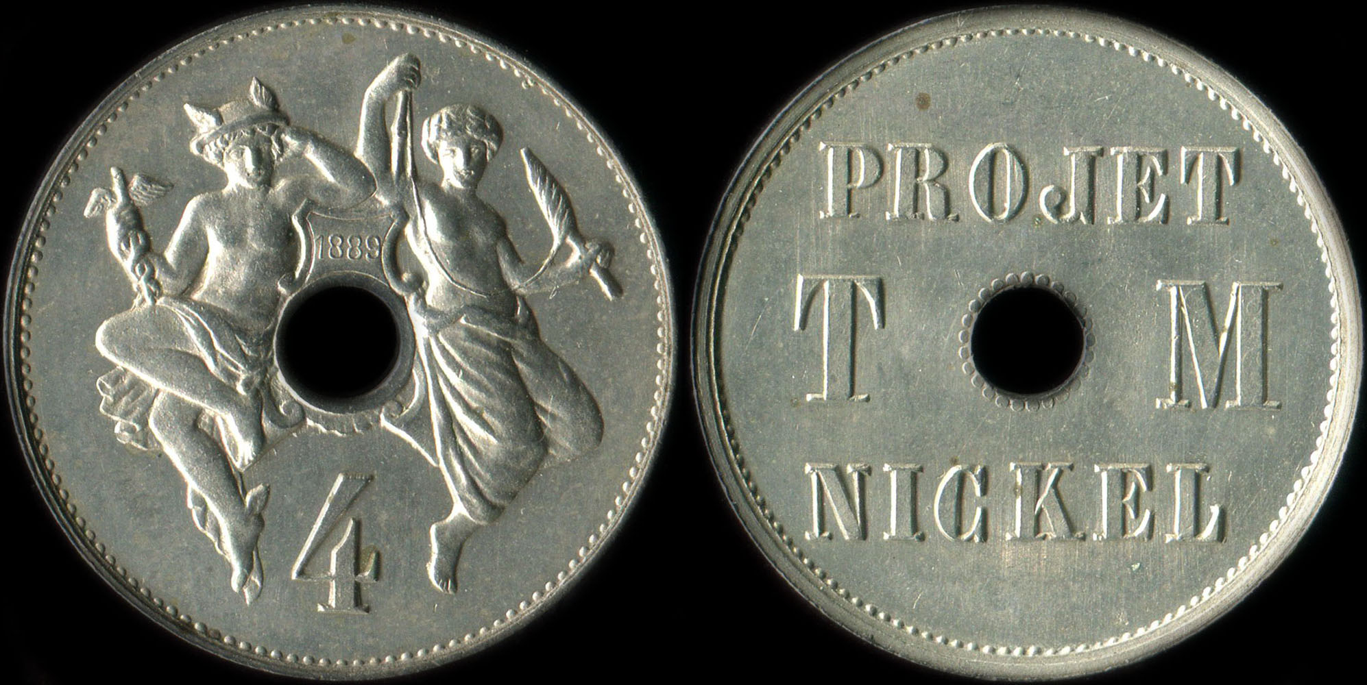 Projet TM nickel - 1889 - 4 (Thodore Michelin) - Nickel - 3,49 grammes - 22,4 mm - tranche lisse.