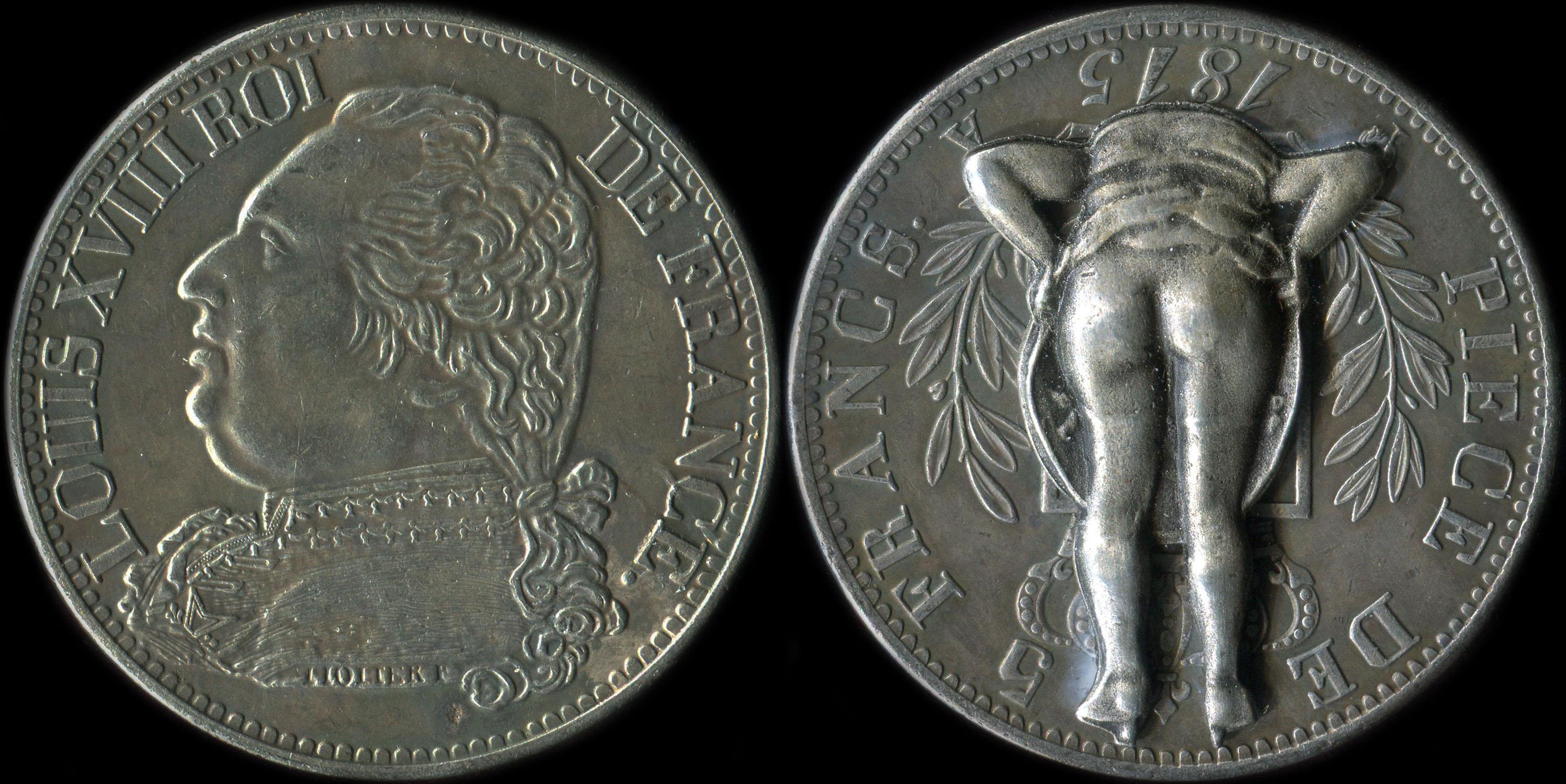 Jeton satirique Femme montrant ses fesses sur 5 francs Louis XVIII Roi de France 1815A