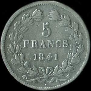 Fausse pièce de 5 francs Louis-Philippe I tête laurée 1841W - revers
