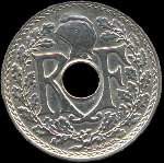 Pièce de 25 centimes Lindauer à trou - R F - .1939. points autour de la date - avers