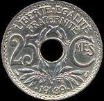 Pièce de 25 centimes Lindauer à trou - R F - .1939. points autour de la date - revers