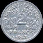 Pice de 2 francs Bazor 1943 - Etat franais - Travail Famille Patrie - revers
