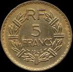 Pice de 5 francs Lavrillier bronze-aluminium 1946 - Rpublique franaise - revers