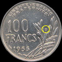 Emplacement du B sur une pièce de 100 francs 1955B
