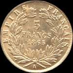 Pièce de 5 francs or Napoléon III Empereur tête laurée 1865A - Empire français - revers