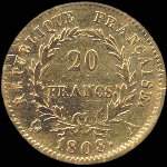 Pièce de 20 francs or Napoléon Empereur tête laurée 1808A - République française - revers