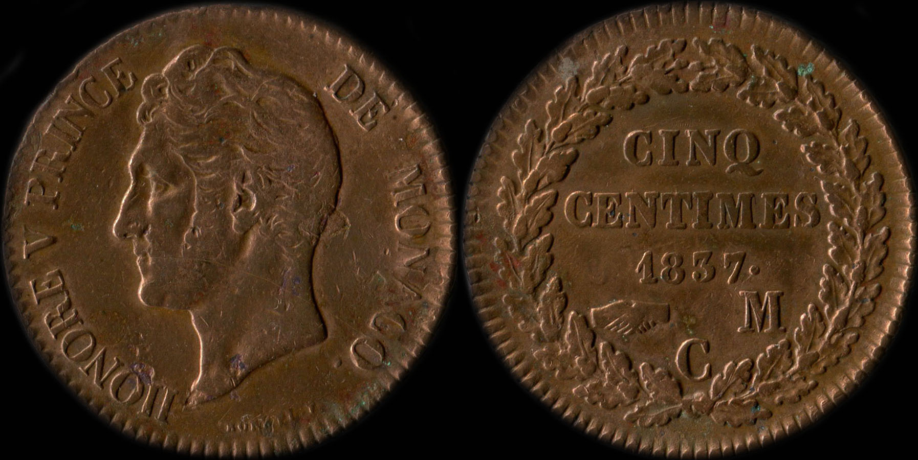 Pice de 5 centimes 1837 Honor V Prince de Monaco en cuivre rouge