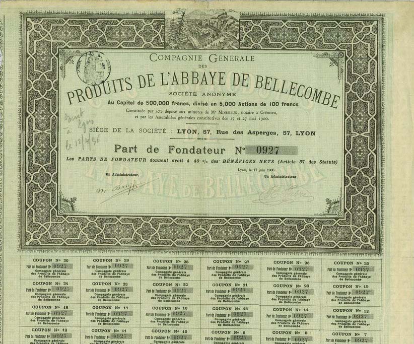Part de fondateur de la Compagnie Générale des Produits de l'Abbaye de Bellecombe