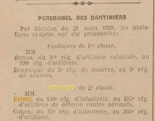 Le Journal Officiel de la République française du 22 mars 1939 annonce la mutation du cantinier Ferrat du 158e régiment d'Infanterie au 405e régiment d'artillerie de défense contre aéronefs