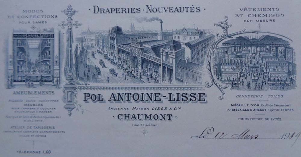 En-tête de facture Pol Antoine-Lisse à Chaumont.