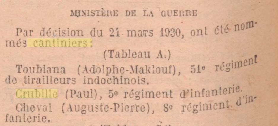 Journal Officiel de la République française du 25 mars 1930 - Nomination du cantinier Crubillé