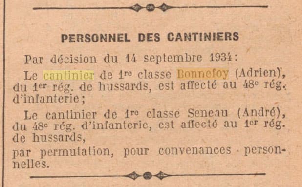Journal Officiel de la République française le 15 septembre 1934 - permuttation des cantines Bonnefoy et Seneau