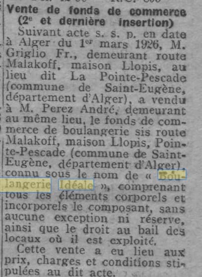 Mention de la Boulangerie Idale  Alger dans l'Echo d'Alger du 3 mars 1926