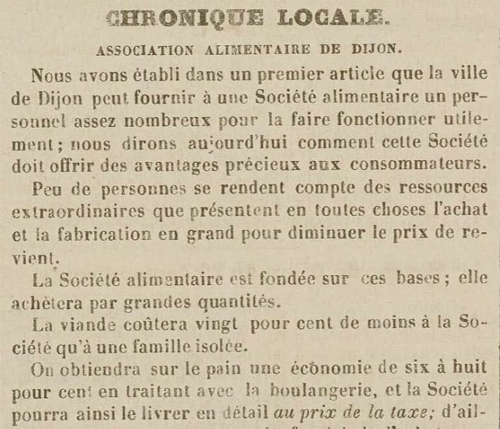 Extrait 1 de l'Union Bourguignonne du 1er octobre 1855 mentionnant l'Association Alimentaire de la Ville de Dijon