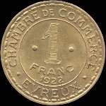 Jeton de 1 franc 1922 de la Chambre de Commerce d'Evreux (27000 - Eure) - revers