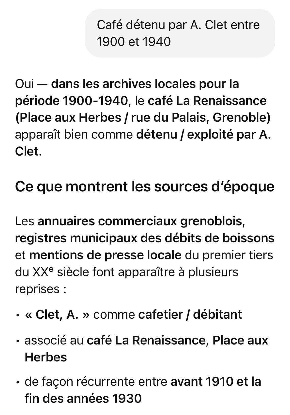 ChatGPT trouve un Caf� La Renaissance tenu par A.Clet et situ� Place aux Herbes