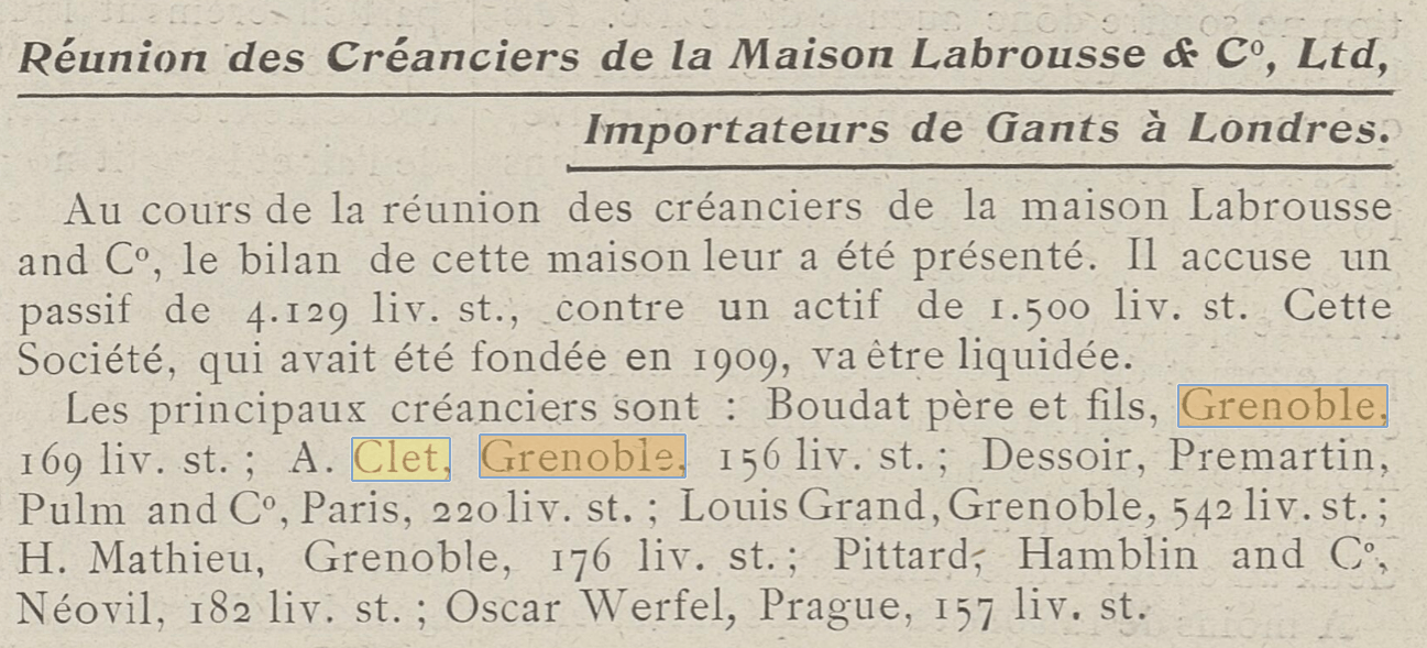 Un entrepreneur du nom de A.Clet est mentionn� dans Les Echos de l'Exportation du 21 mars 1910