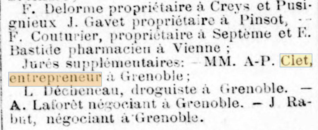 Un entrepreneur du nom de A.Clet est mentionn� dans La Cocarde du 17 f�vrier 1899