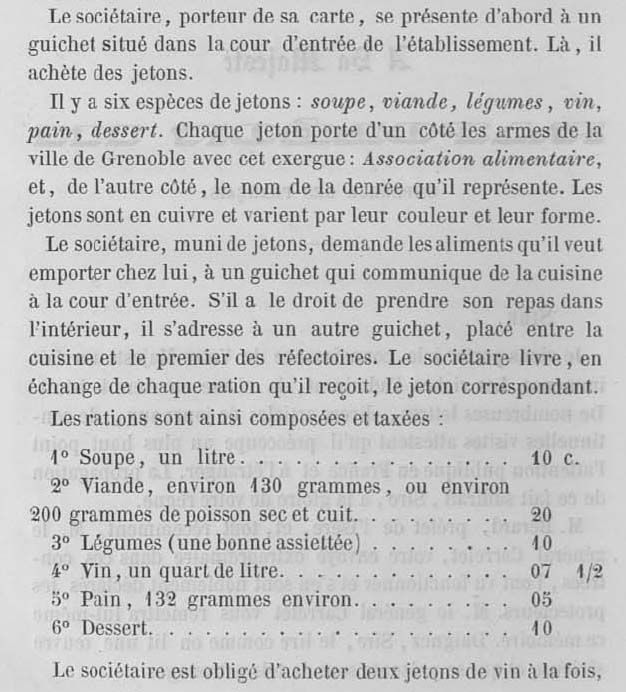 Extrait du r�cit de la constitution de l'Association Alimentaire de Grenoble publi� en 1854 d�crivant la valeur de chaque jeton utilis�