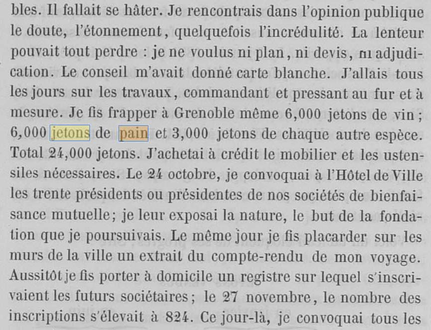 Extrait du r�cit de la constitution de l'Association Alimentaire de Grenoble publi� en 1854 mentionnant le nombre de jetons frapp�s