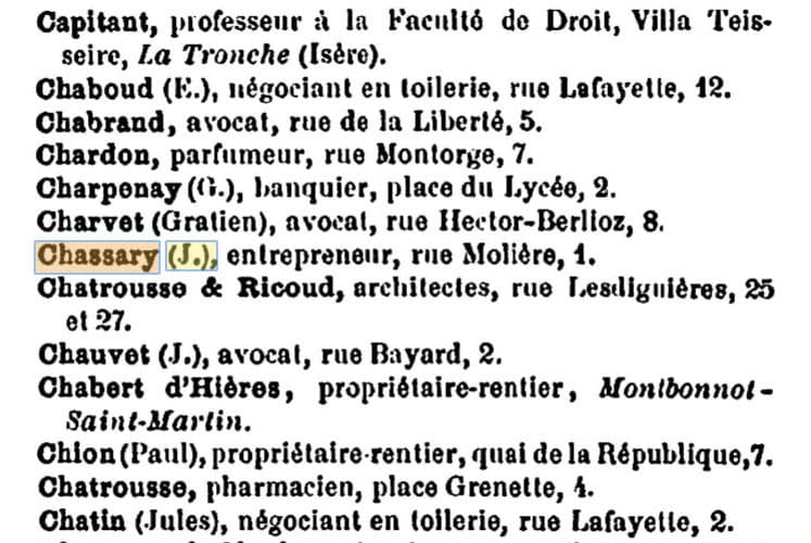 J. Chassary, entrepreneur dans le Rapport Annuel du Syndicat d'Initiative de la Ville de Grenoble du 26 janvier 1903