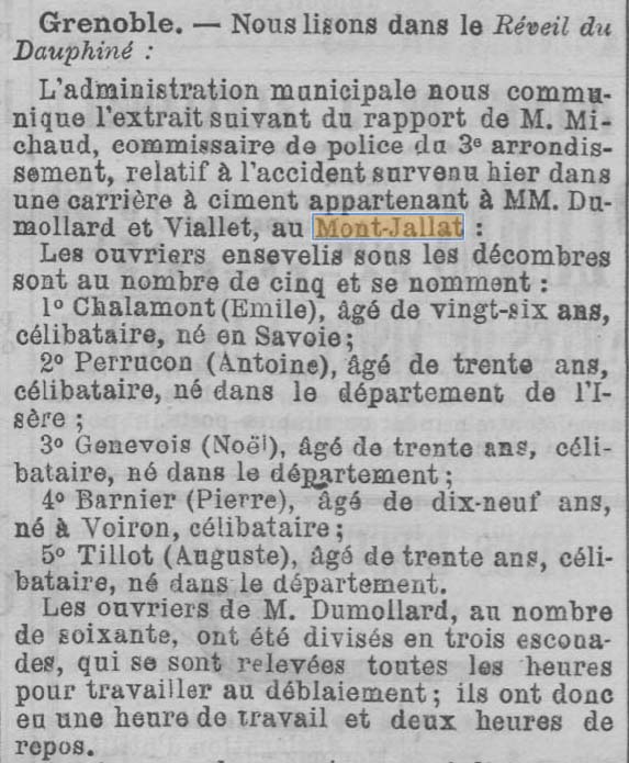 Dans le XIXe Sicle du 18 septembre 1875 on relate l'accident surevenu dans la carrire  ciment appartenant  MM. Dumollard et Viallet