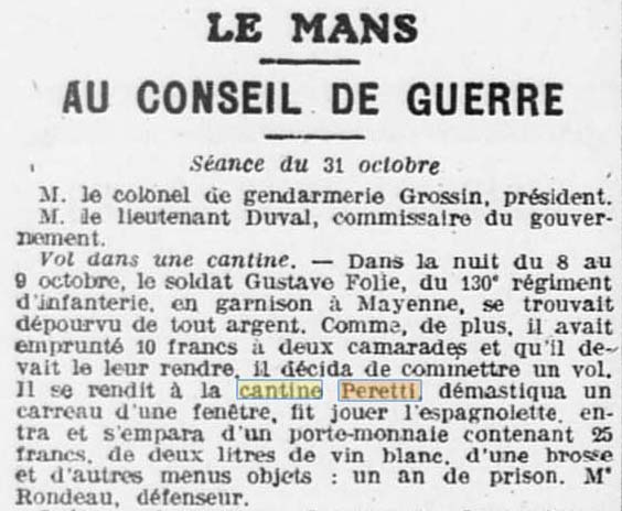 Une cantine Peretti au Mans est cit�e dans l'Ouest Eclair du 2 novembre 1917
