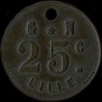 Jeton de 25 centimes émis par G & N (Grimondez & Nuytten) à Lille (59000 - Nord) - avers