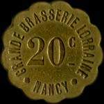 Jeton de 20 centimes avec chiffres de 6 mm émis par la Grande Brasserie Lorraine à Nancy (54000 - Meurthe-et-Moselle) - avers