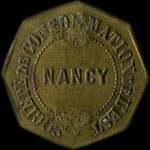 Jeton de 5 centimes avec surfrappes 1898 et locomotive émis par la Société de Consommation de l'Est - Nancy (54000 - Meurthe-et-Moselle) - avers