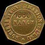 Jeton de 5 centimes avec surfrappe 1880 émis par la Société de Consommation de l'Est - Nancy (54000 - Meurthe-et-Moselle) - avers